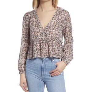 WAYF Lynwood Ditzy Floral Metallic Peplum Top SZ Med